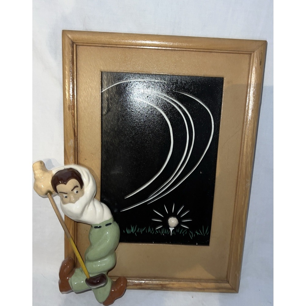 Cool Vintage Golfing Frame  W/ Ceramic Golfer 10 3/4 X 7 5/8 Artcraft Ogden Utah